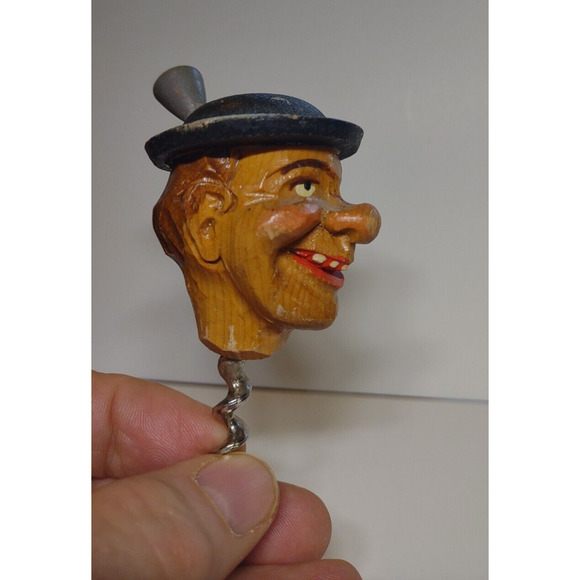 ANRI Hand Carved And Painted Corkscrew Smiling Man Barware Vintage Bar Tool - Picture 4 of 7